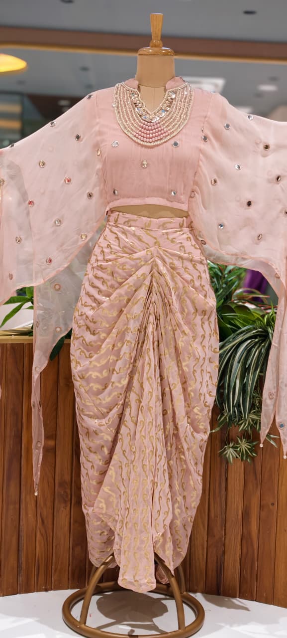 Designer Neckpiece Look Real Mirror Detailing Shrug Style Crop Top With Weavy Golden Prints Drape Dhoti Skirt -15584, 15583