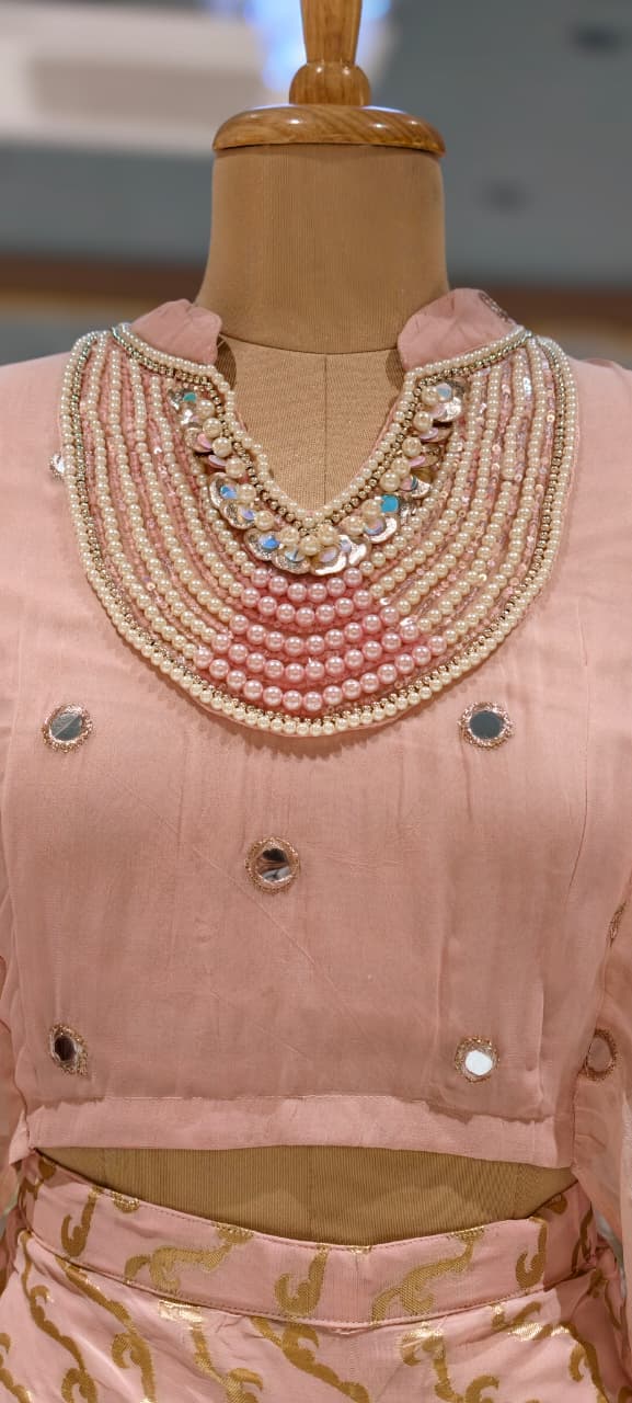Designer Neckpiece Look Real Mirror Detailing Shrug Style Crop Top With Weavy Golden Prints Drape Dhoti Skirt -15584, 15583