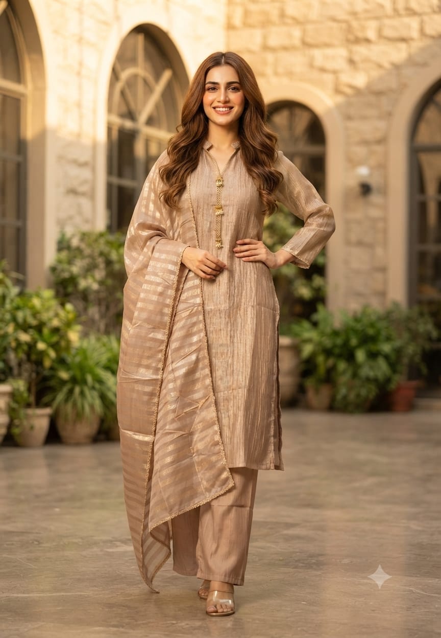 Minimal Elegant Golden Broach Accent Neckline Crush Tissue Full Suit Set With Dupatta- 15611