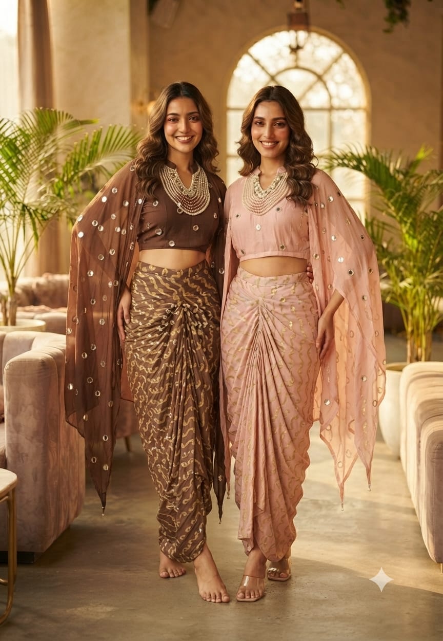 Designer Neckpiece Look Real Mirror Detailing Shrug Style Crop Top With Weavy Golden Prints Drape Dhoti Skirt -15584, 15583