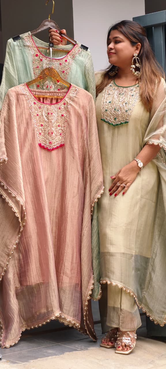 Royal Zardosi Work Beads Tassel Yoke With Pearl Bordered Tissue Kaftan & Loose Palazzo Bottom- 15559