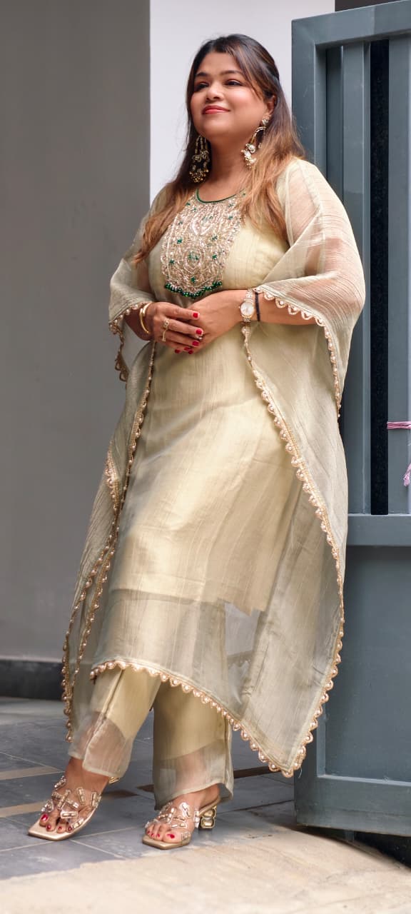 Royal Zardosi Work Beads Tassel Yoke With Pearl Bordered Tissue Kaftan & Loose Palazzo Bottom- 15559