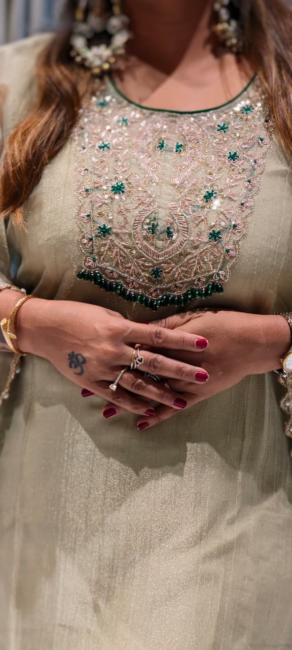 Royal Zardosi Work Beads Tassel Yoke With Pearl Bordered Tissue Kaftan & Loose Palazzo Bottom- 15559