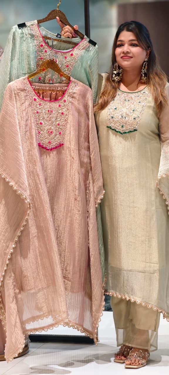 Royal Zardosi Work Beads Tassel Yoke With Pearl Bordered Tissue Kaftan & Loose Palazzo Bottom- 15559