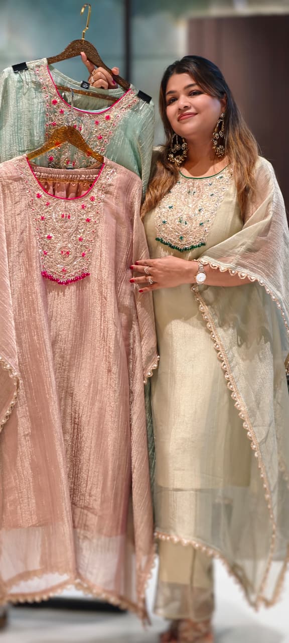 Royal Zardosi Work Beads Tassel Yoke With Pearl Bordered Tissue Kaftan & Loose Palazzo Bottom- 15559