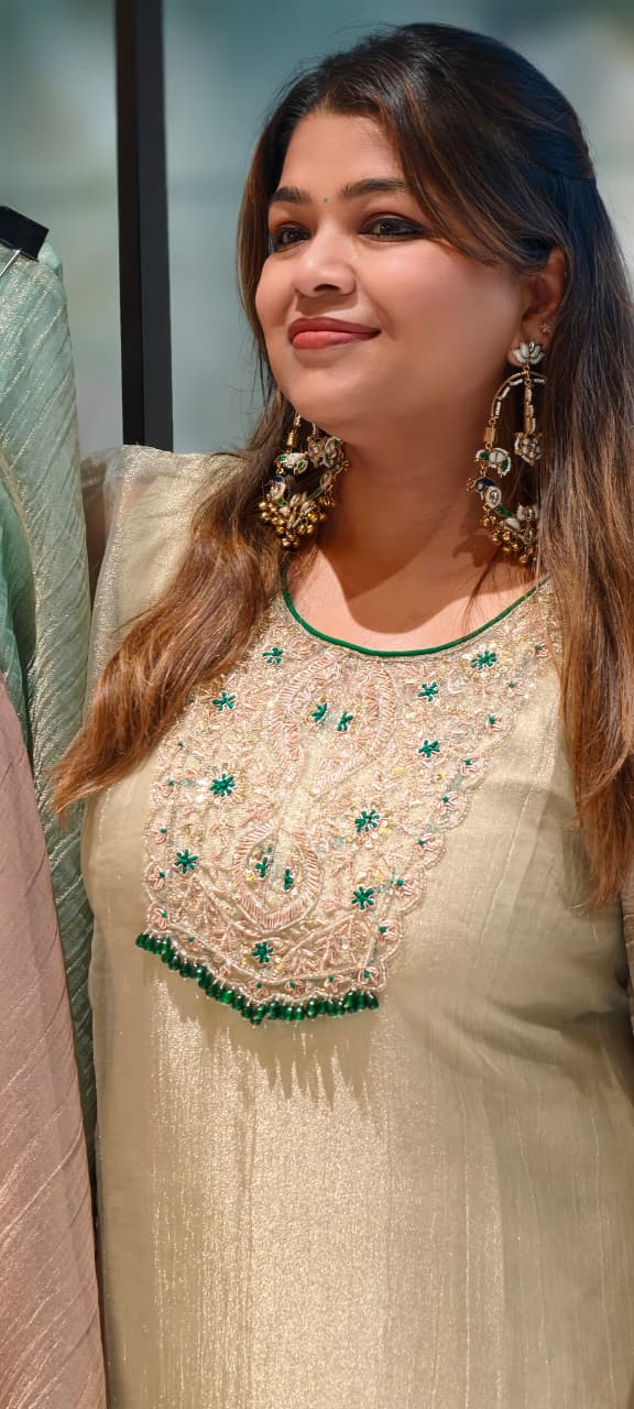 Royal Zardosi Work Beads Tassel Yoke With Pearl Bordered Tissue Kaftan & Loose Palazzo Bottom- 15559