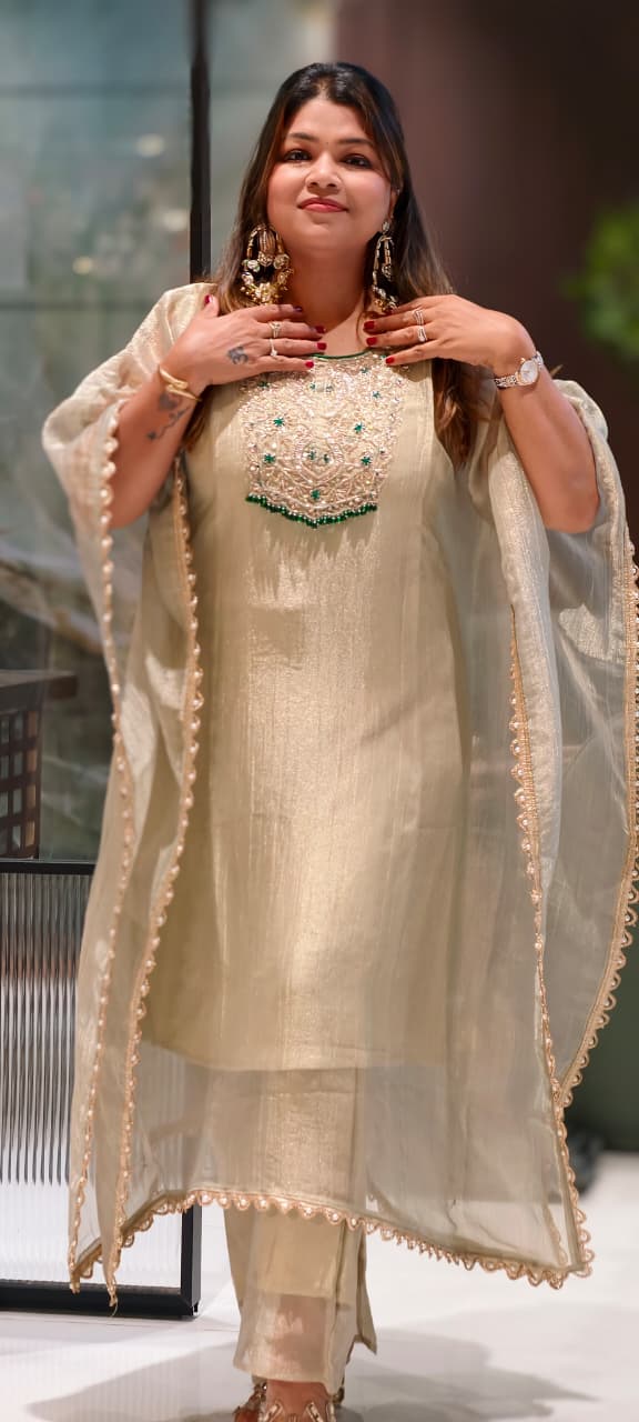 Royal Zardosi Work Beads Tassel Yoke With Pearl Bordered Tissue Kaftan & Loose Palazzo Bottom- 15559