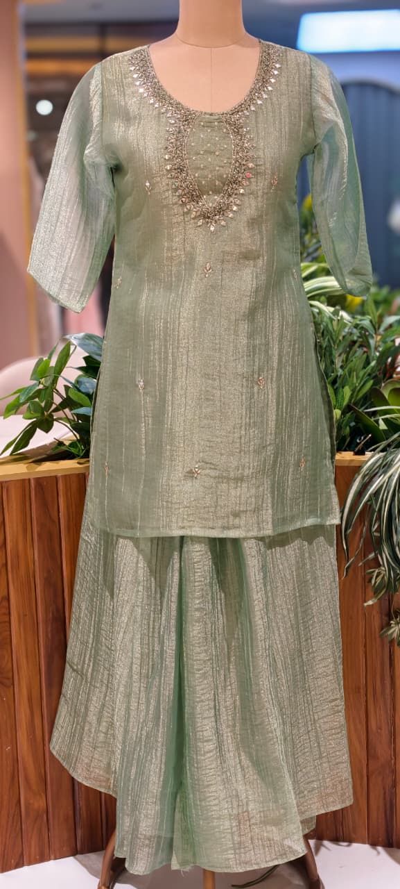 Elegant Mirror Detailing Embroidered Yoke Crush Tissue Co-oRd Set With Flared Bottom- 15567