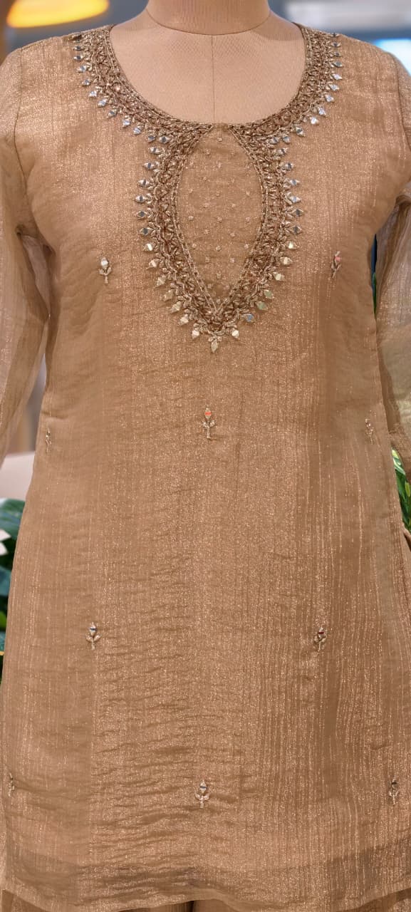 Elegant Mirror Detailing Embroidered Yoke Crush Tissue Co-oRd Set With Flared Bottom- 15567