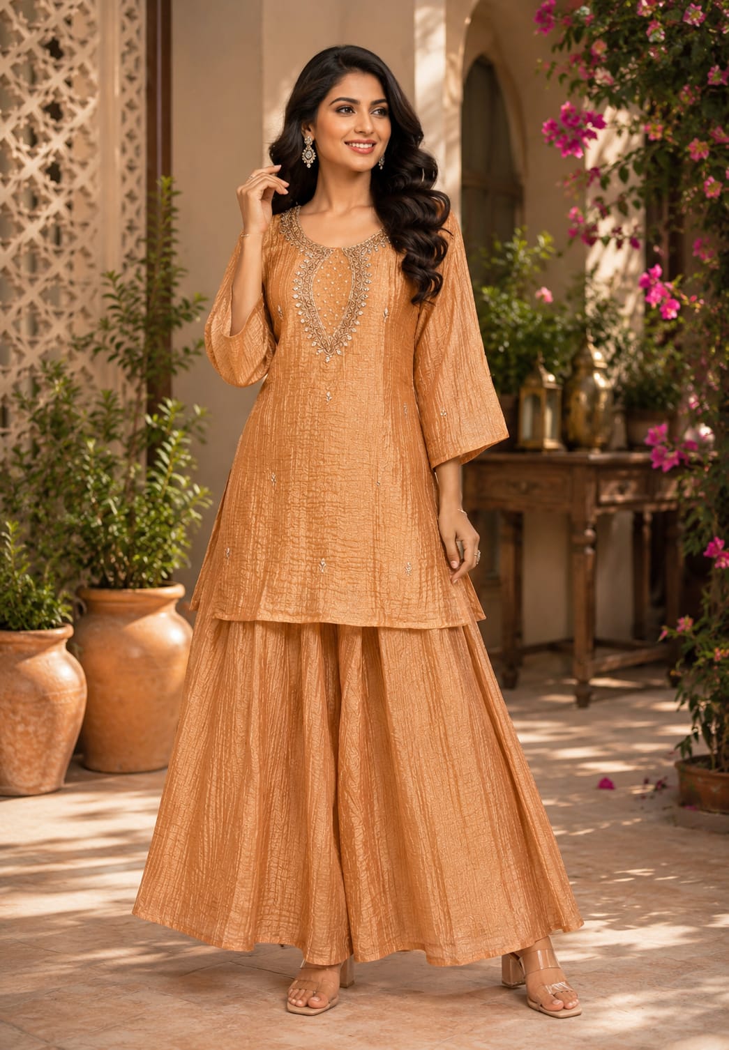 Elegant Mirror Detailing Embroidered Yoke Crush Tissue Co-oRd Set With Flared Bottom- 15567