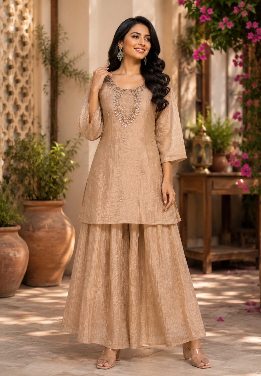 Elegant Mirror Detailing Embroidered Yoke Crush Tissue Co-oRd Set With Flared Bottom- 15567