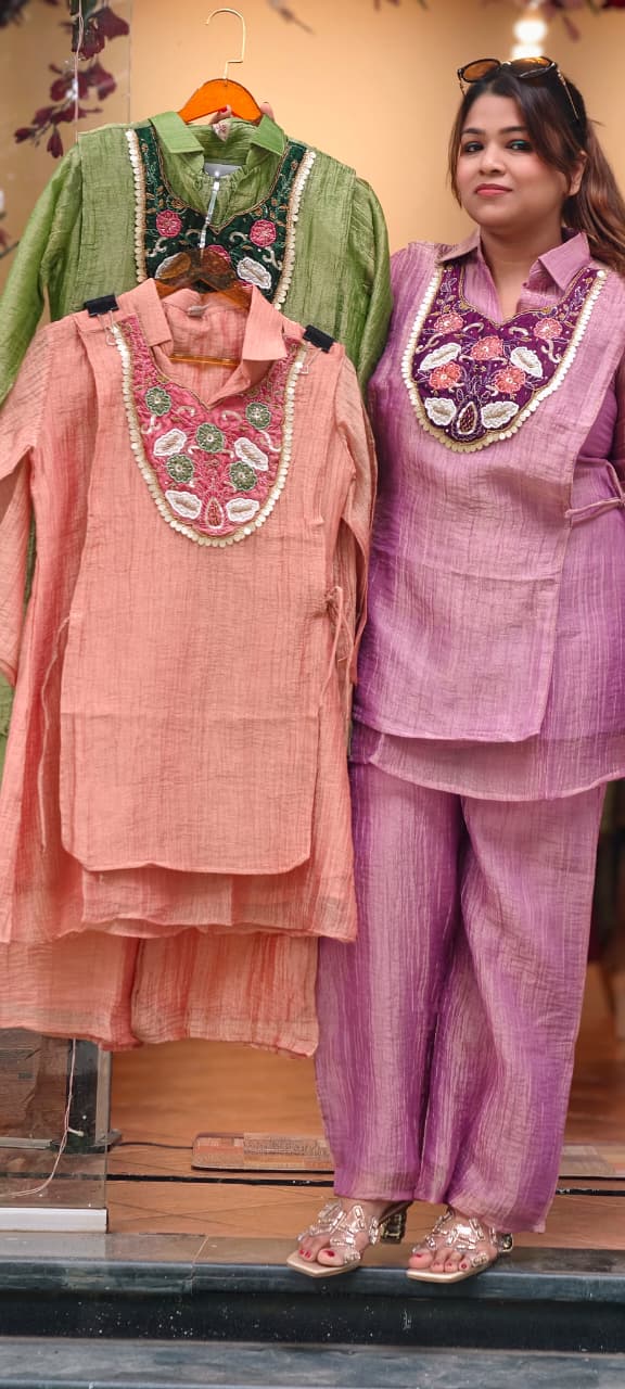 Beautiful Floral Higlights Yoke Double Layered Crush Tissue Co-Ord Set- 15514