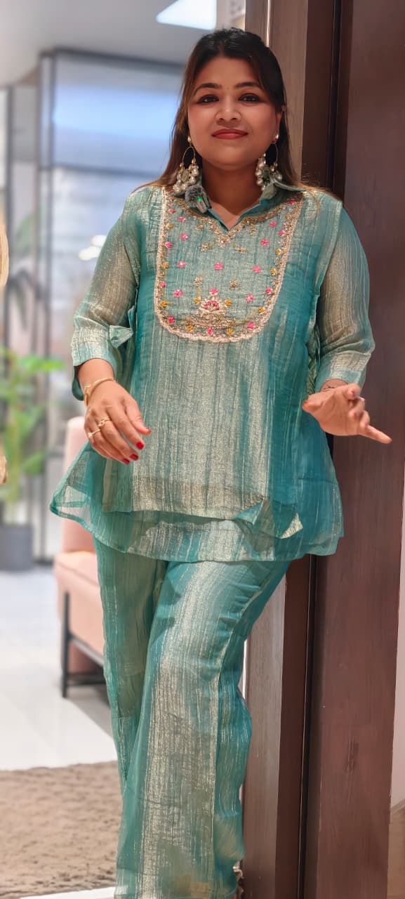 Embroidered Cute Floral Highlights Over Lay Co-Ord Set In Crush Tissue Fabric- 15631