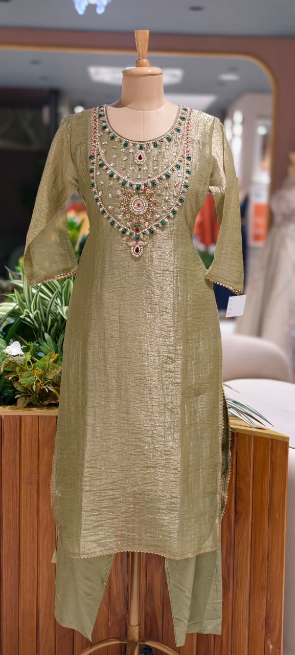 Heavy Jewel Stone Detailing Yoke Crush Tissue Full Suit Set With Dupatta- 15286