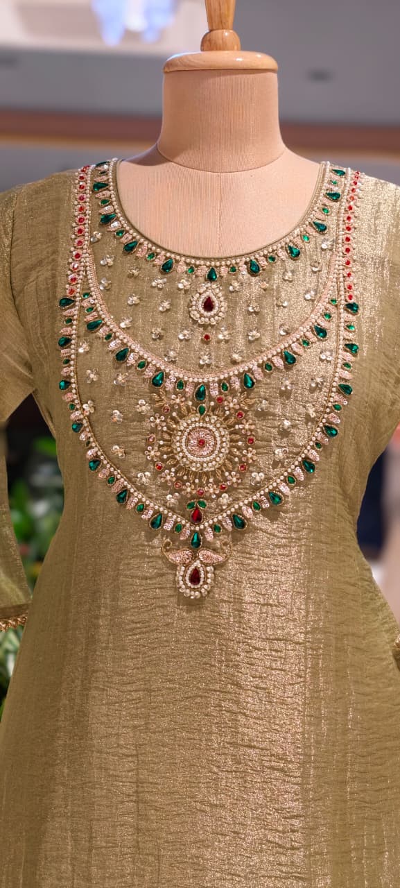 Heavy Jewel Stone Detailing Yoke Crush Tissue Full Suit Set With Dupatta- 15286