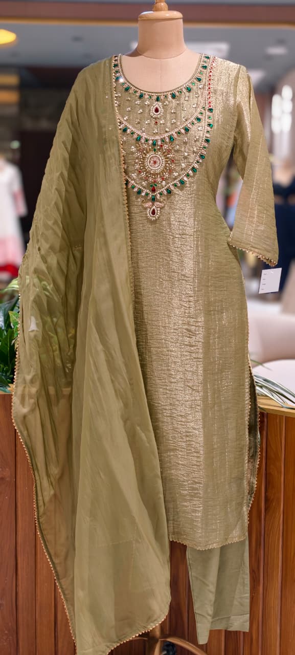 Heavy Jewel Stone Detailing Yoke Crush Tissue Full Suit Set With Dupatta- 15286
