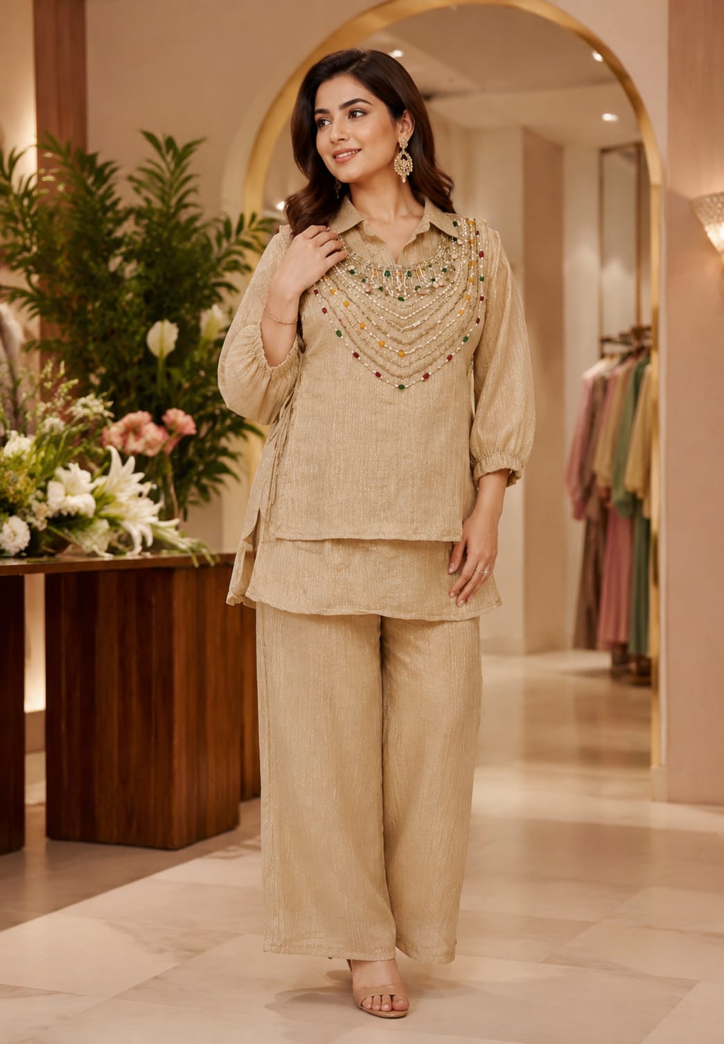 Heavy Jewel Stone Work Tassel Accent Side Knots Overlay Crush Tissue Co-Ord Set-  15628
