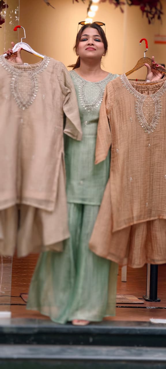 Elegant Mirror Detailing Embroidered Yoke Crush Tissue Co-oRd Set With Flared Bottom- 15567