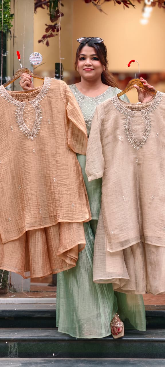 Elegant Mirror Detailing Embroidered Yoke Crush Tissue Co-oRd Set With Flared Bottom- 15567