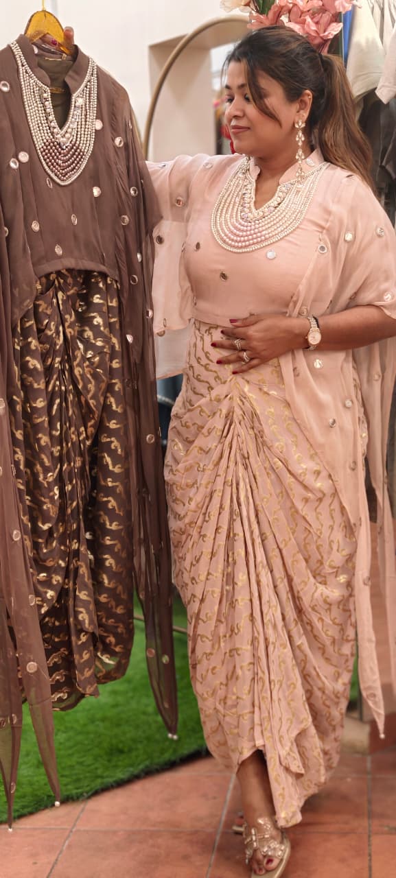 Designer Neckpiece Look Real Mirror Detailing Shrug Style Crop Top With Weavy Golden Prints Drape Dhoti Skirt -15584, 15583