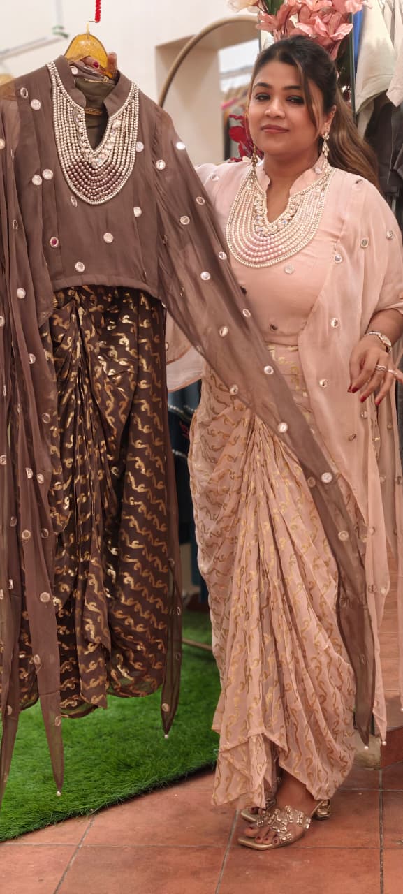 Designer Neckpiece Look Real Mirror Detailing Shrug Style Crop Top With Weavy Golden Prints Drape Dhoti Skirt -15584, 15583