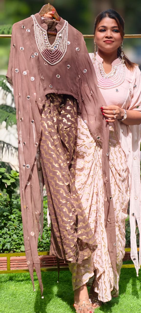 Designer Neckpiece Look Real Mirror Detailing Shrug Style Crop Top With Weavy Golden Prints Drape Dhoti Skirt -15584, 15583