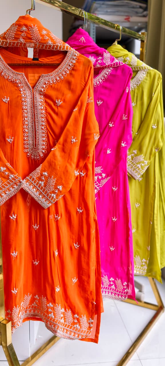 Fine Thread Embroidery With Sequin Upwork Single Shade Full Suit Set With Dupatta- 15553