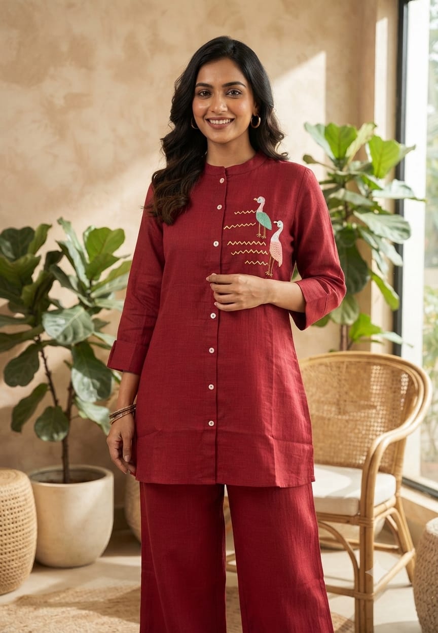 Siberian Thread Embroidered Cute Motifs Cotton Casual Co-Ord Set- 15558