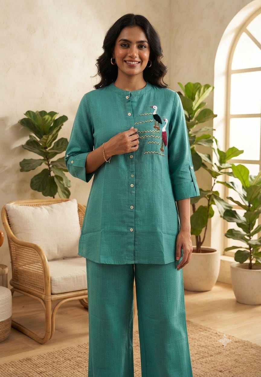 Siberian Thread Embroidered Cute Motifs Cotton Casual Co-Ord Set- 15558