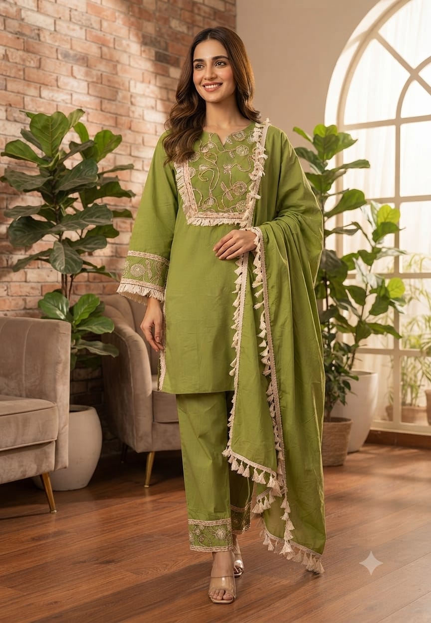 Boho Chic Thread Embroidered Yoke Tassel Accent Cotton Full Suit Set With Dupatta- 15496