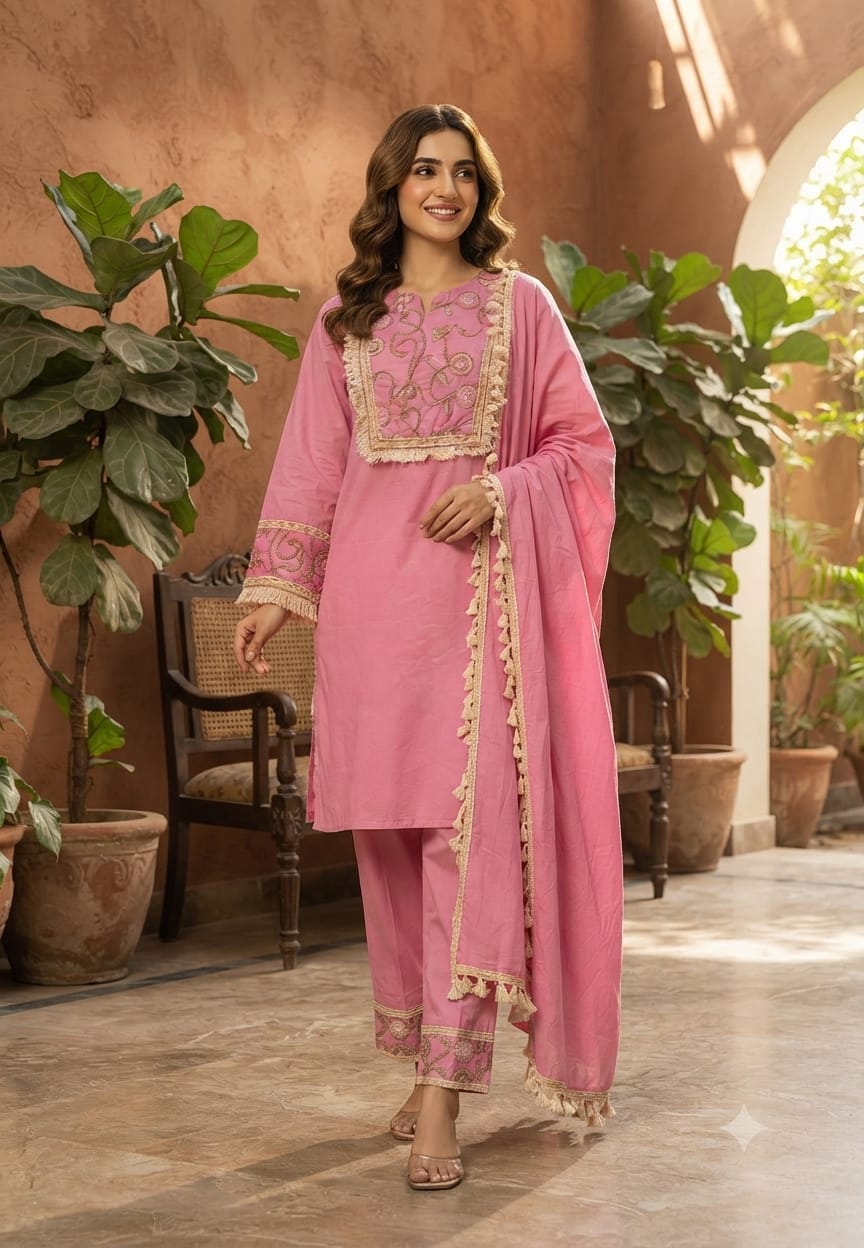 Boho Chic Thread Embroidered Yoke Tassel Accent Cotton Full Suit Set With Dupatta- 15496