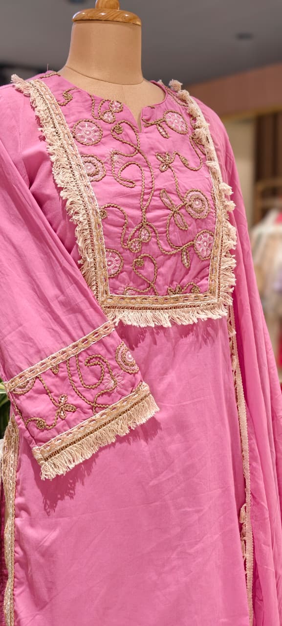 Boho Chic Thread Embroidered Yoke Tassel Accent Cotton Full Suit Set With Dupatta- 15496