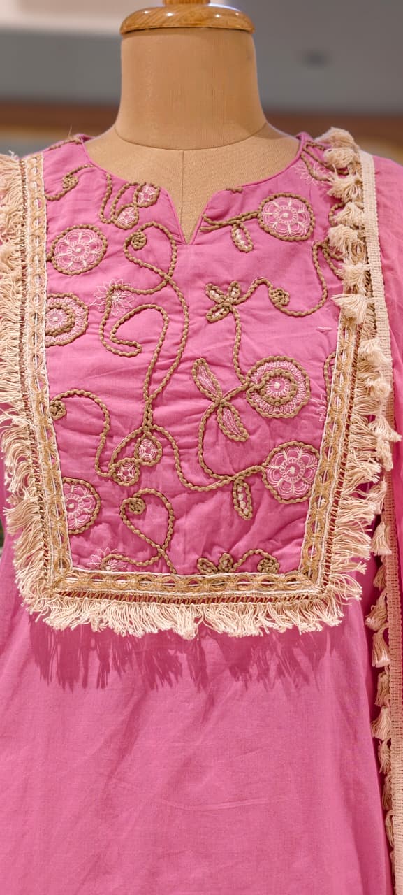 Boho Chic Thread Embroidered Yoke Tassel Accent Cotton Full Suit Set With Dupatta- 15496
