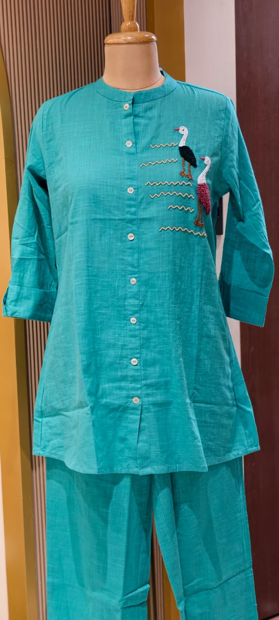 Siberian Thread Embroidered Cute Motifs Cotton Casual Co-Ord Set- 15558