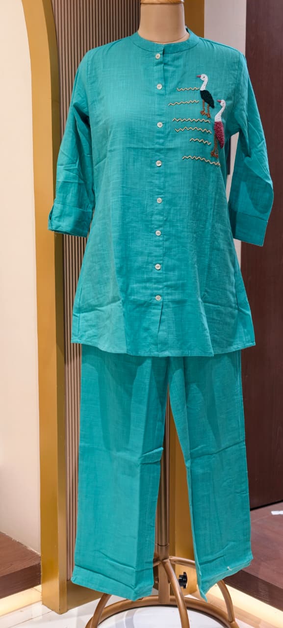 Siberian Thread Embroidered Cute Motifs Cotton Casual Co-Ord Set- 15558