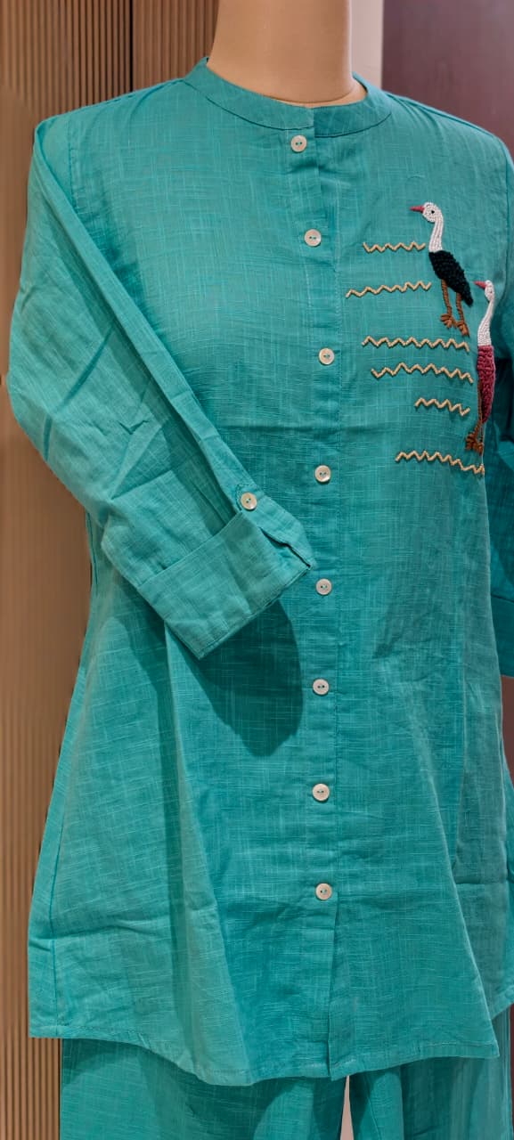 Siberian Thread Embroidered Cute Motifs Cotton Casual Co-Ord Set- 15558