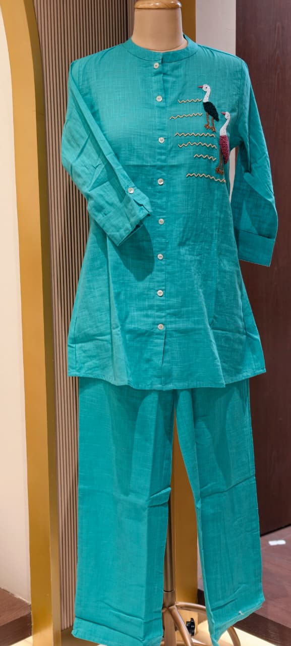 Siberian Thread Embroidered Cute Motifs Cotton Casual Co-Ord Set- 15558