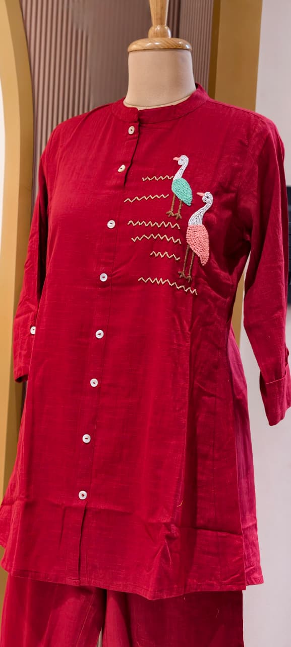 Siberian Thread Embroidered Cute Motifs Cotton Casual Co-Ord Set- 15558