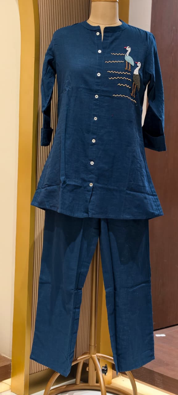 Siberian Thread Embroidered Cute Motifs Cotton Casual Co-Ord Set- 15558