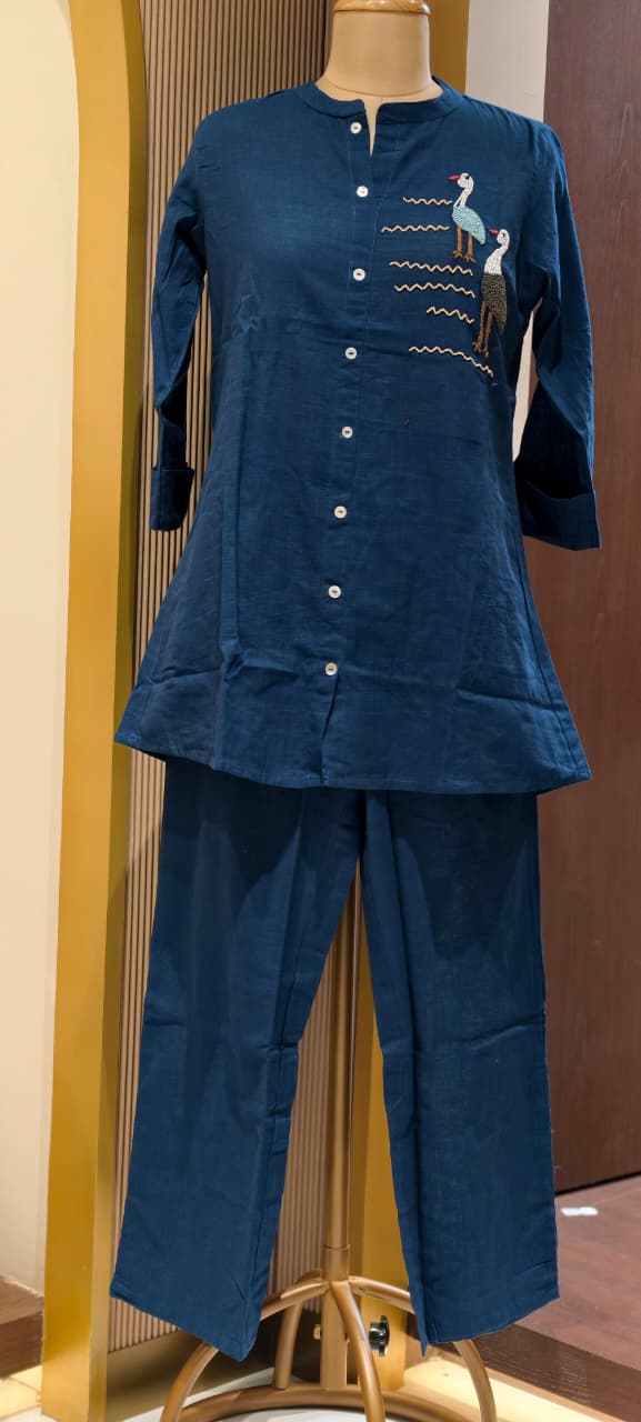 Siberian Thread Embroidered Cute Motifs Cotton Casual Co-Ord Set- 15558