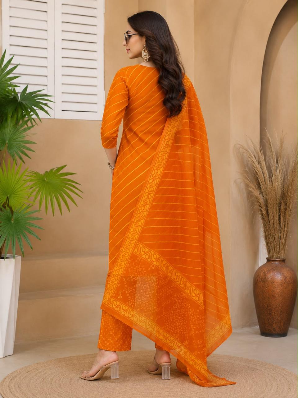 Traditional Leheriya Pattern Embellished V-Neck Ethnic Cotton Full Suit Set With Dupatta- 15561, 15560