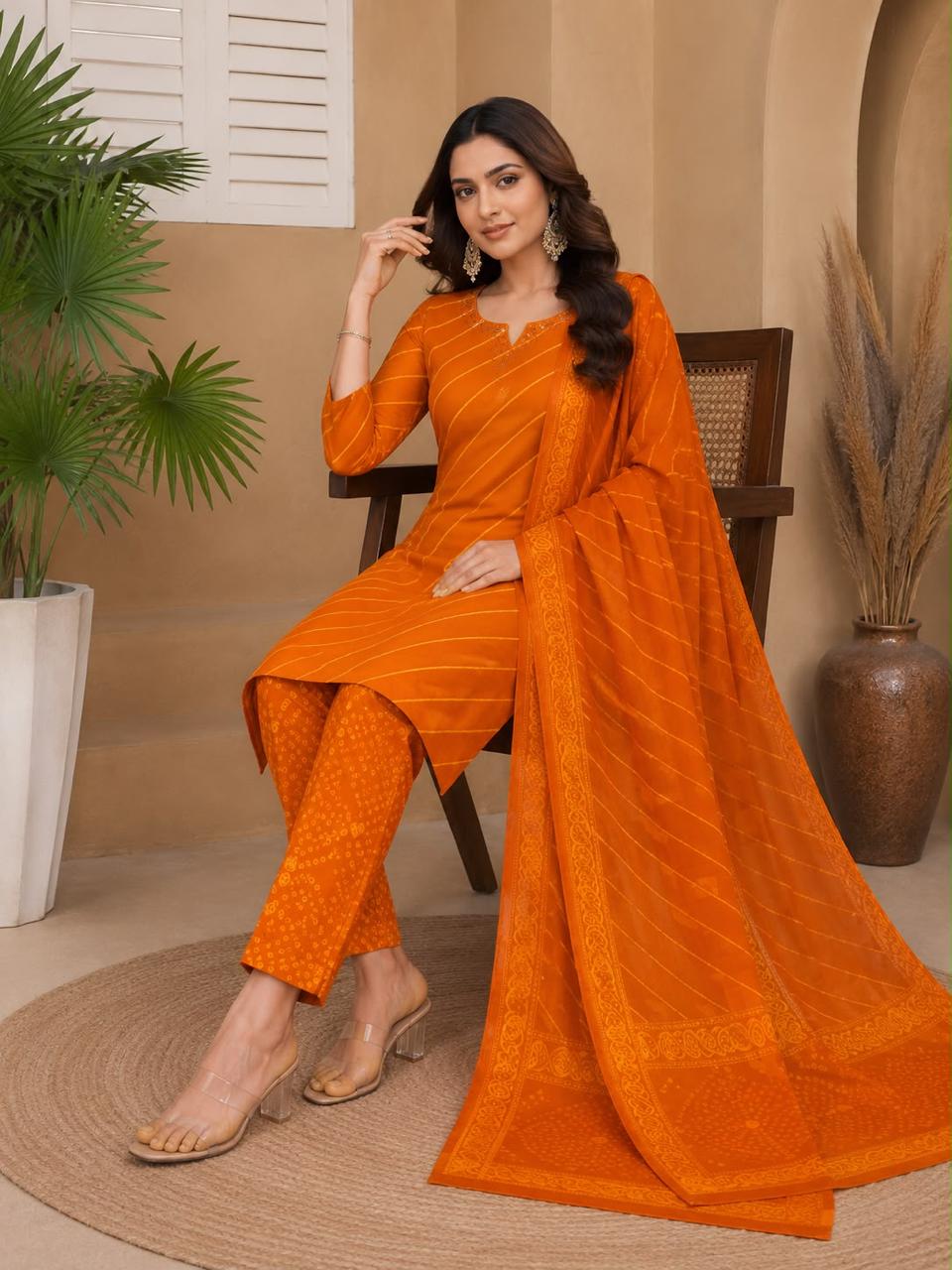 Traditional Leheriya Pattern Embellished V-Neck Ethnic Cotton Full Suit Set With Dupatta- 15561, 15560