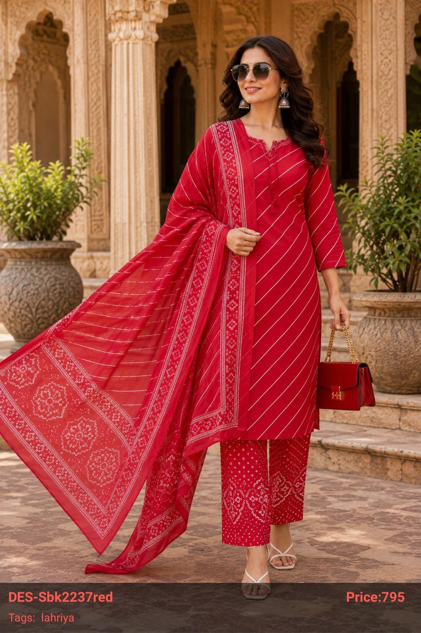 Traditional Leheriya Pattern Embellished V-Neck Ethnic Cotton Full Suit Set With Dupatta- 15561, 15560