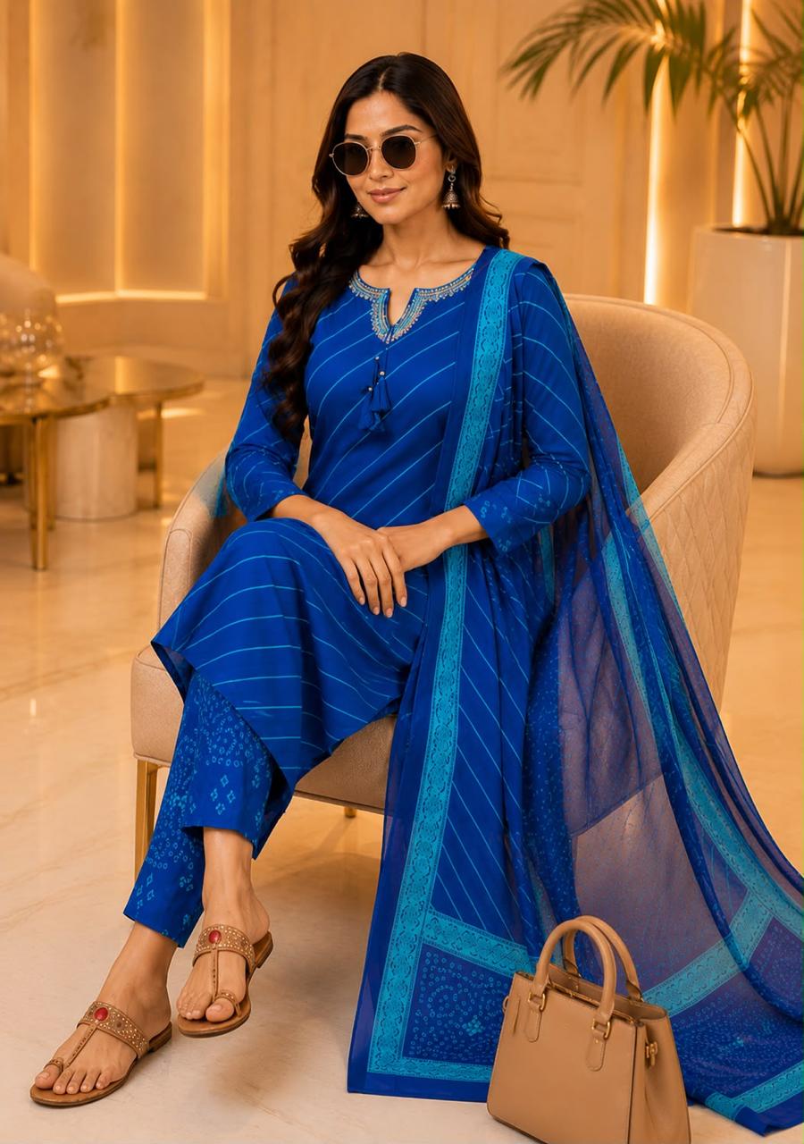 Traditional Leheriya Pattern Embellished V-Neck Ethnic Cotton Full Suit Set With Dupatta- 15561, 15560
