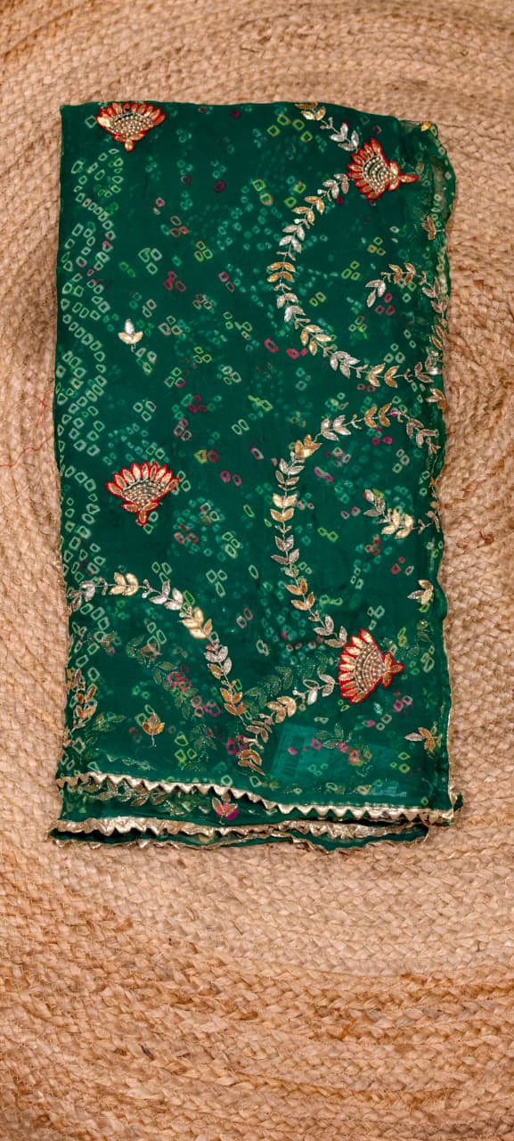 Graceful Leafy Gotta Bandhej Print Semi-Georgette Premium Saree With Unstitched Blouse- 15659