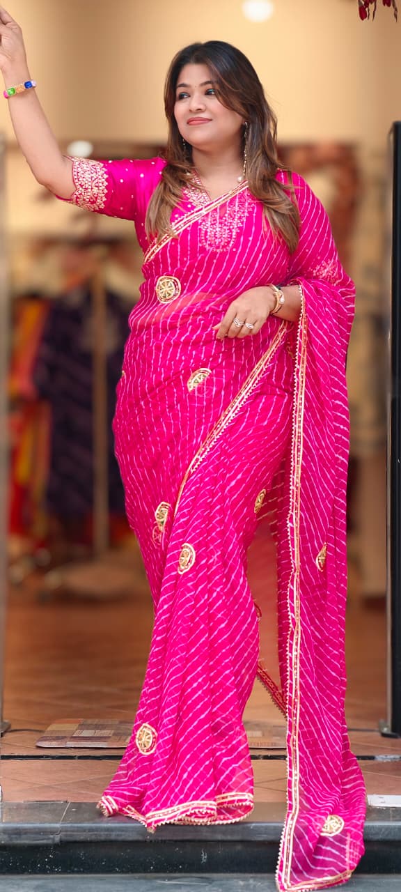 Gotta Patti Work With Sequin Elegance Lehriya Print Semi Georgette Saree With Unstitched Blouse- 15655