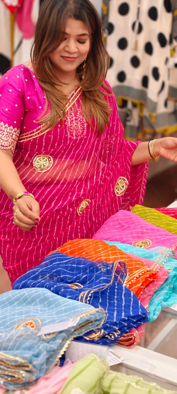 Gotta Patti Work With Sequin Elegance Lehriya Print Semi Georgette Saree With Unstitched Blouse- 15655