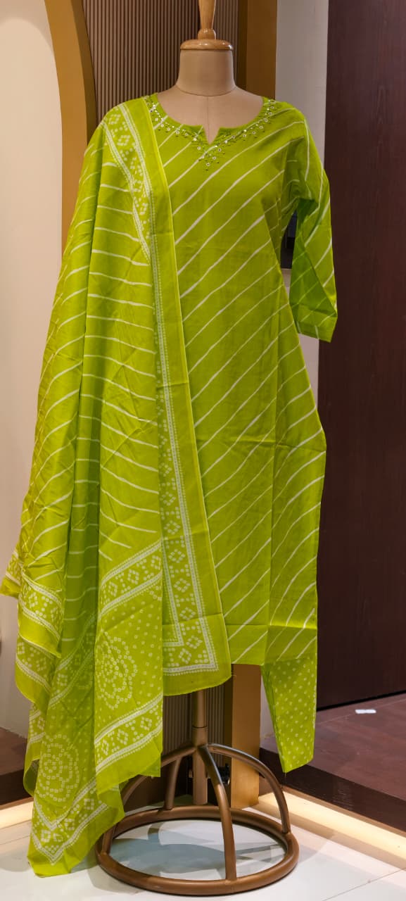 Traditional Leheriya Pattern Embellished V-Neck Ethnic Cotton Full Suit Set With Dupatta- 15561, 15560