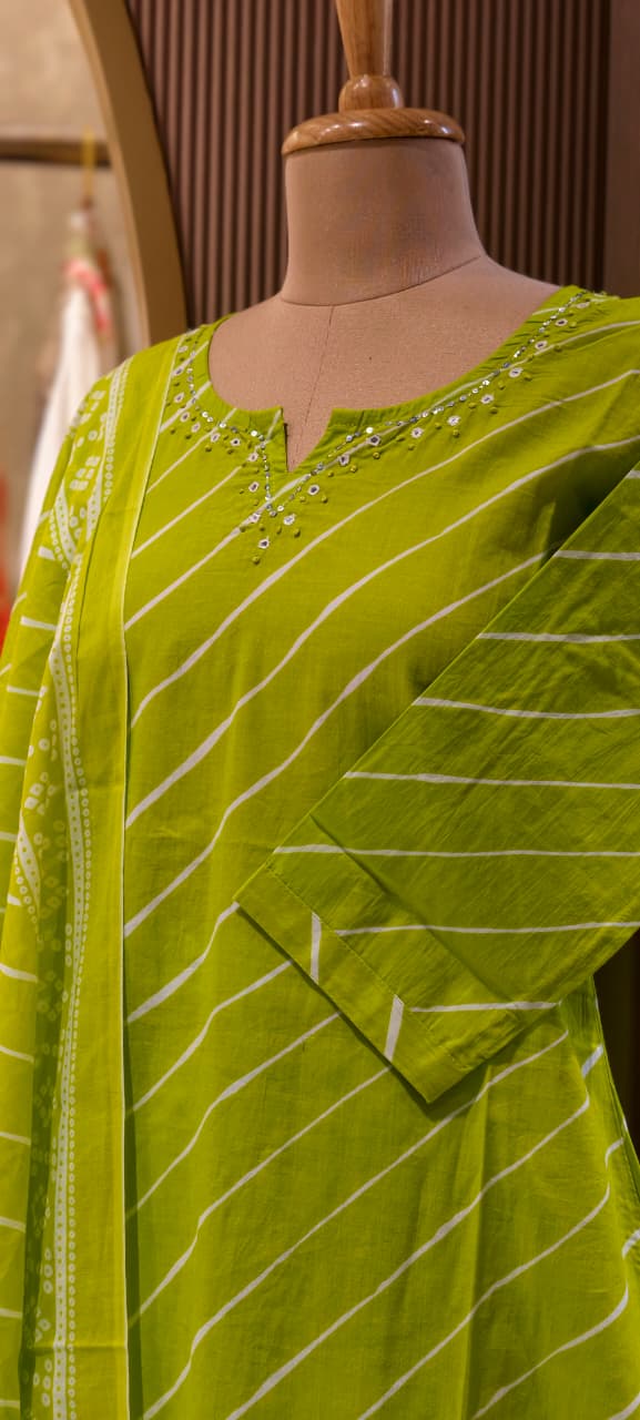 Traditional Leheriya Pattern Embellished V-Neck Ethnic Cotton Full Suit Set With Dupatta- 15561, 15560