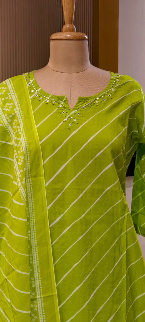 Traditional Leheriya Pattern Embellished V-Neck Ethnic Cotton Full Suit Set With Dupatta- 15561, 15560